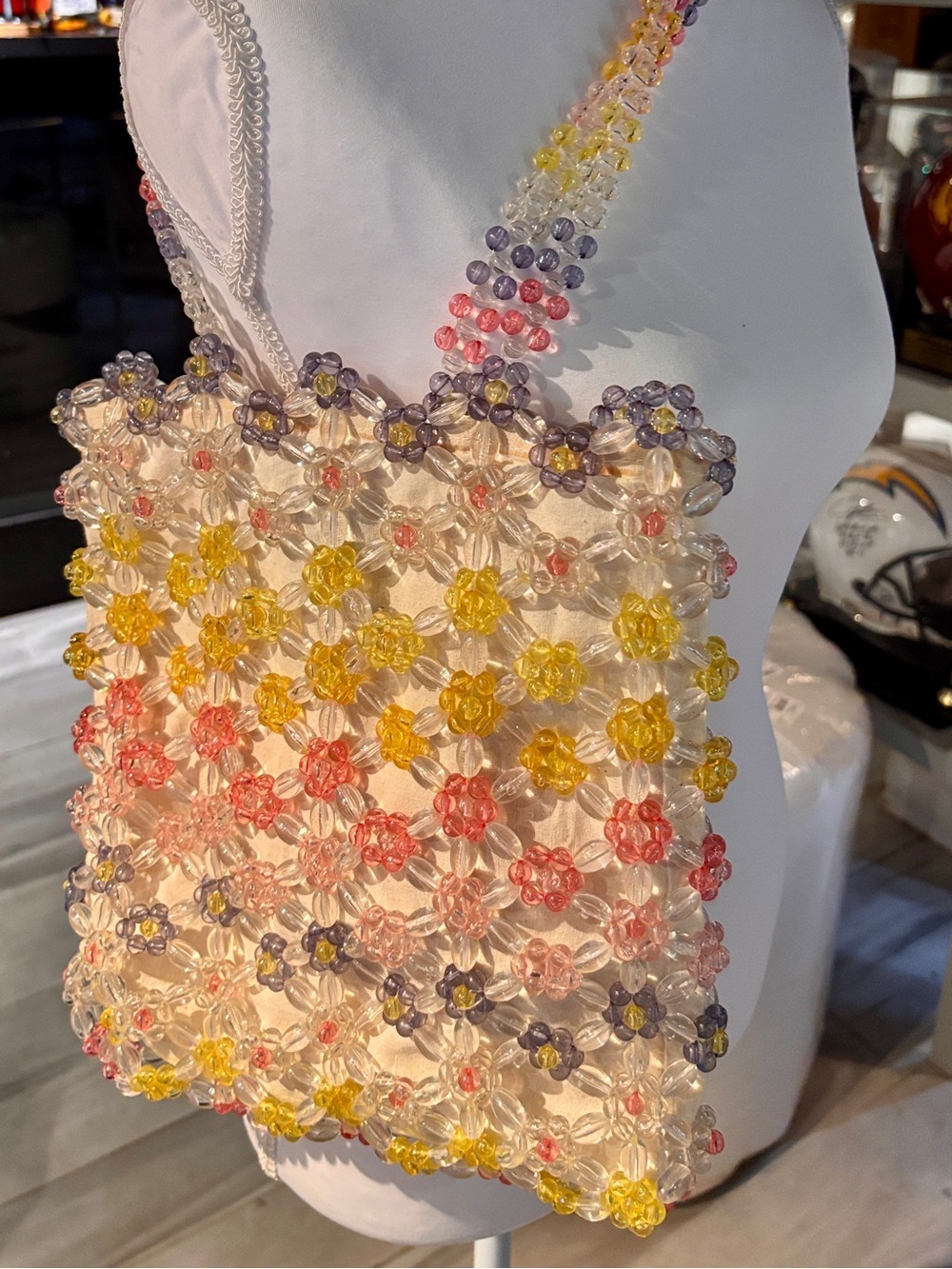🌸Cynthia Rowley Tote Bag Pastel Beaded Purse Flower Design Over Light Canvas Bag